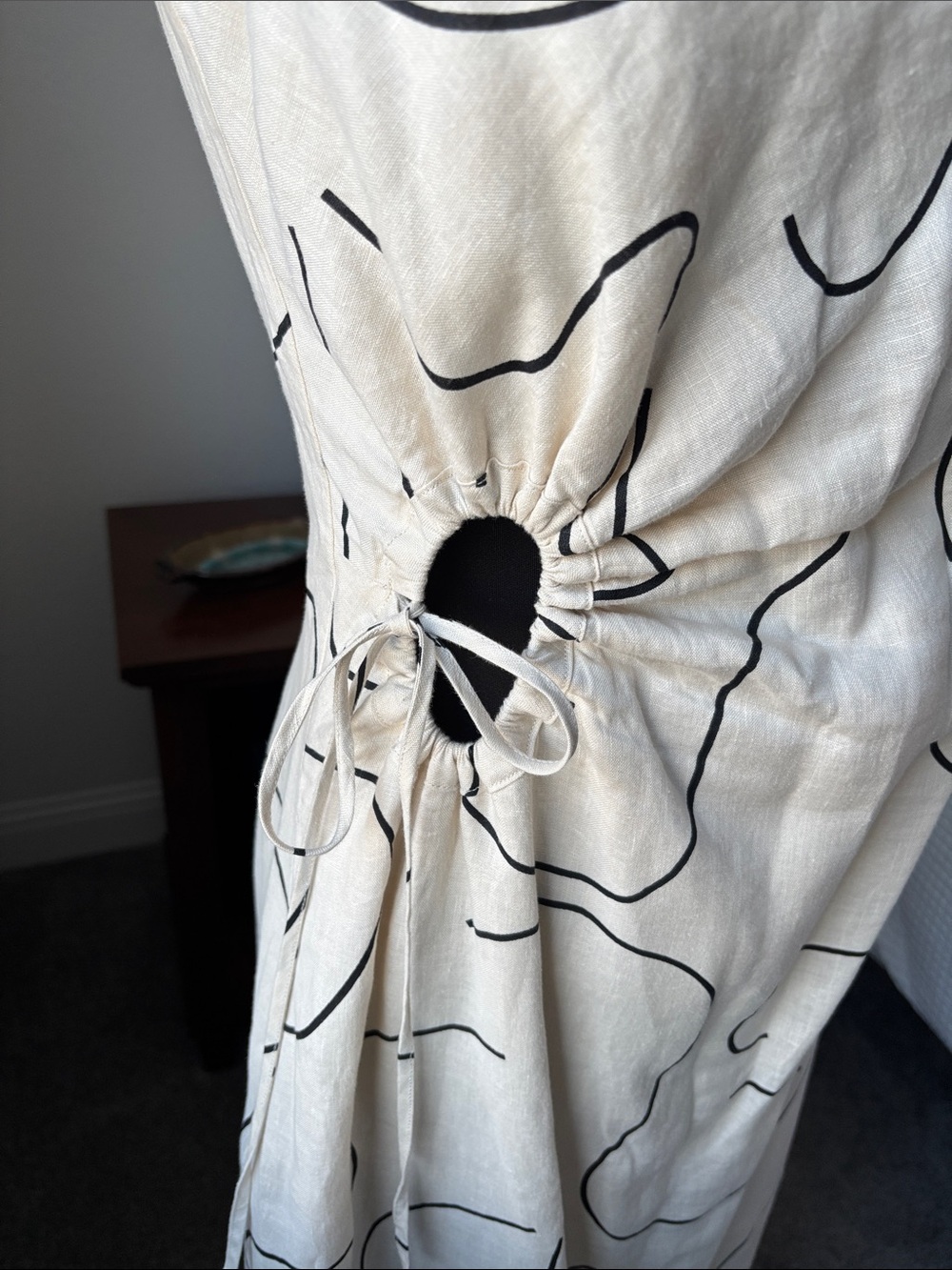 Magaschoni Cream Midi Dress with Black Abstract Print and Side Tie - Picture 3 of 8